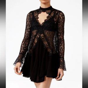 M Free People Sexy Women Tell Tale Boho Floral Lace Black Tunic Mini Dress
